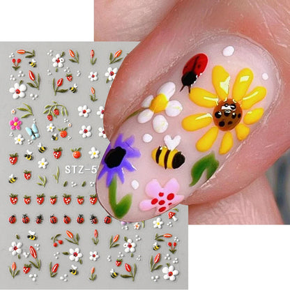 3D Kawaii Ladybug Nail Stickers - Embossed Daisy Flower DIY Decals for Spring, Wedding & Floral Nail Art