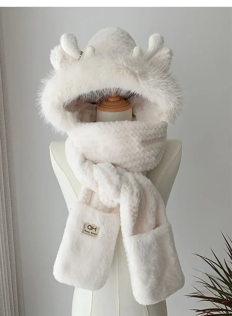 Elk Antler Plush Winter Hat - Warm Ear Protector Scarf & Gloves Set for Women