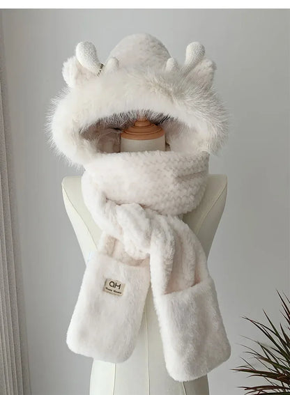 Elk Antler Plush Winter Hat - Warm Ear Protector Scarf & Gloves Set for Women