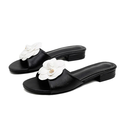 Luxury Women’s Flower Slippers — Camellia Open-Toe Slides for Home & Outdoor, Ladies Flip Flop Sandals