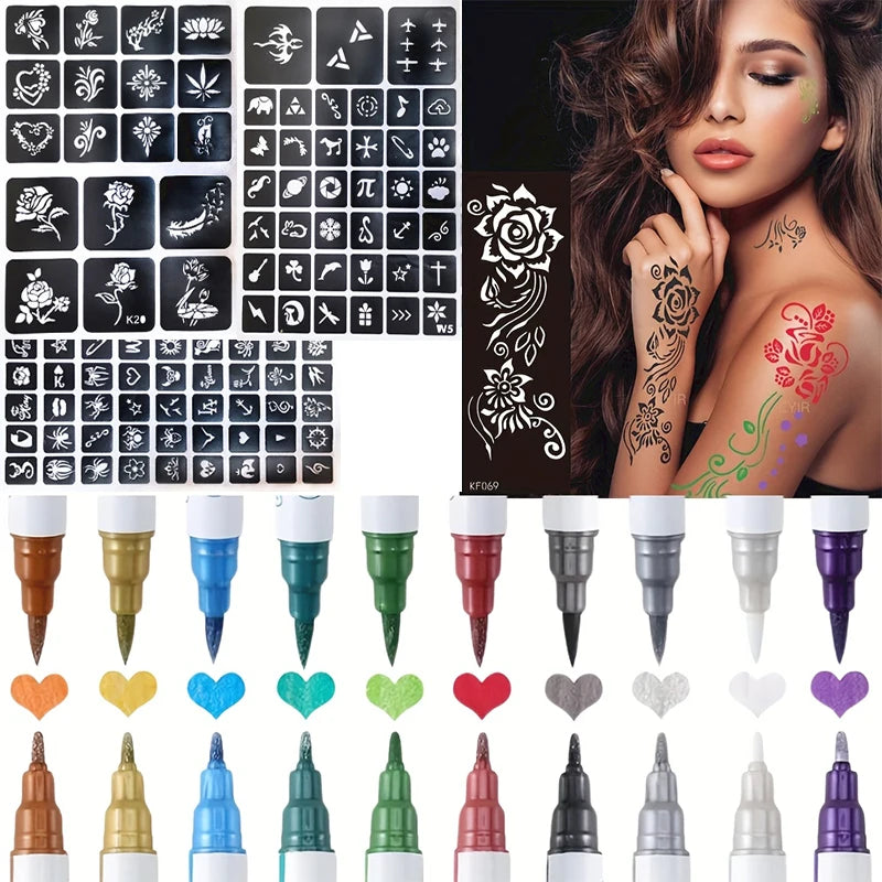 Temporary Skin Tattoo Pen – 10 Colors, Dual-Ended for Bold & Fine Lines, Long-Lasting Body & Face Art