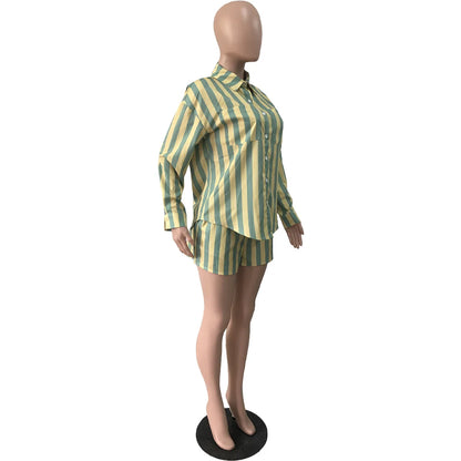 2025 Women’s Casual Striped Shorts & Long Sleeve Shirt Set – Spring Summer Office & Vacation Outfit