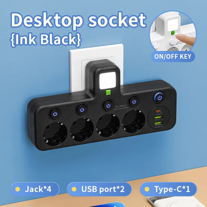 EU Plug Power Strip – 4 AC Outlets, 2 USB & 1 Type-C Ports with Independent Switch and Night Light