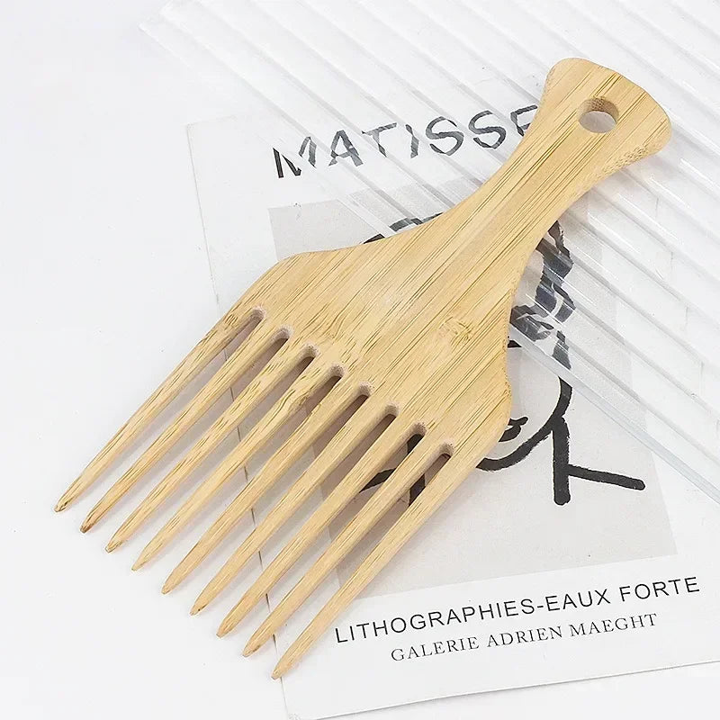 Natural Bamboo Wooden Hair Comb – Anti-Static Afro Fork, Wide Tooth Round Comb & Hair Brush for Women