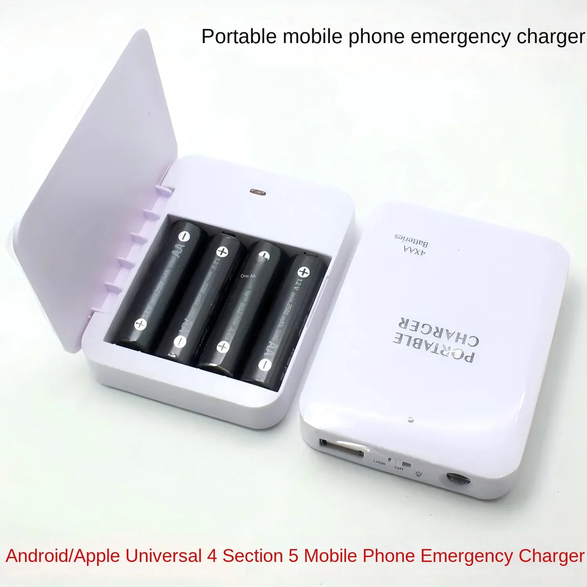 USB Emergency Power Box - 4×AA Battery Charger with USB Port & Flashlight