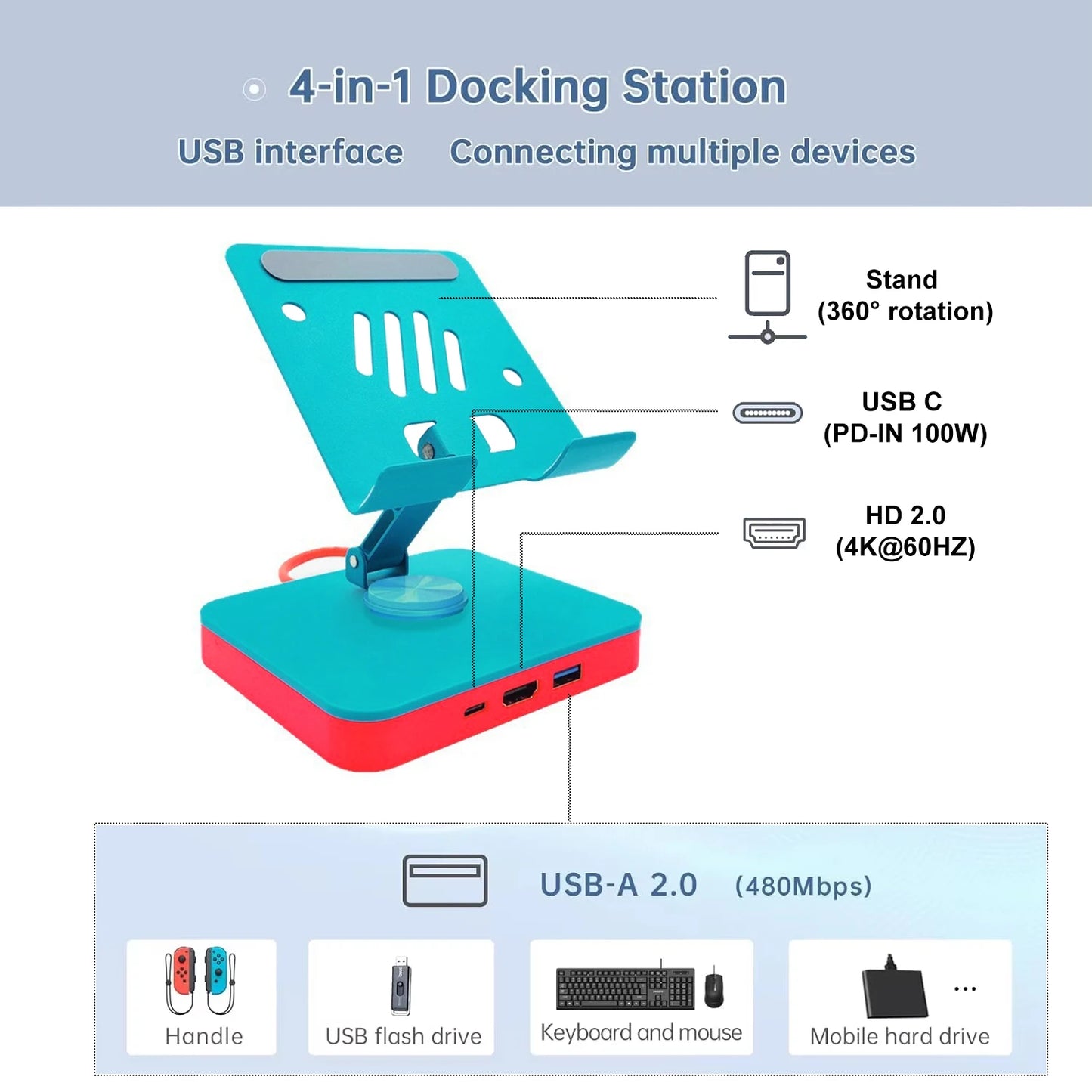 RGEEK 3-in-1 Adjustable Nintendo Switch Pad Stand — USB-C Hub with HDMI 4K 60Hz, USB 2.0 & 100W PD Charging Ports