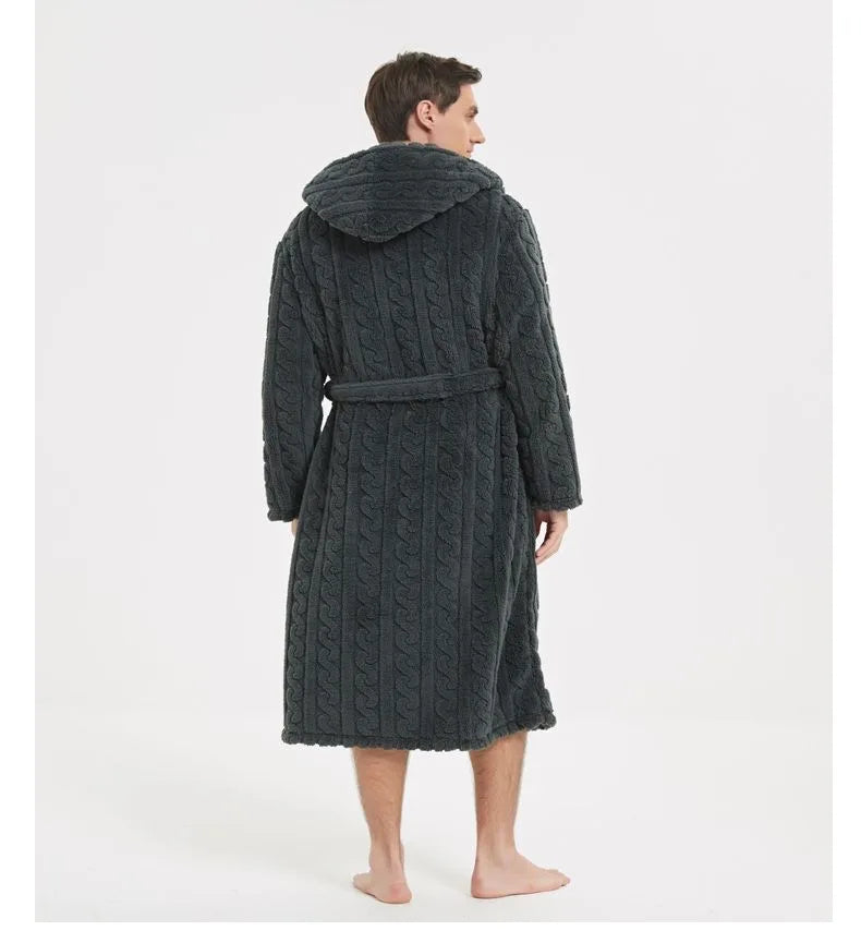 Men’s Fall & Winter Warm Hooded Robe – Thickened Cotton Velvet Jacquard Homewear for Couples