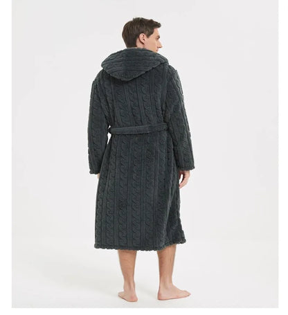 Men’s Fall & Winter Warm Hooded Robe – Thickened Cotton Velvet Jacquard Homewear for Couples