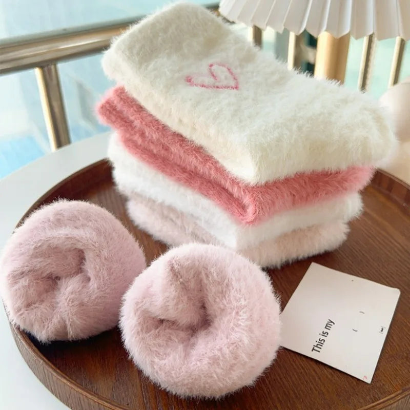 Thickened Pink Mink Fur Heart Embroidered Socks — Women’s Autumn Winter Warm Plush Mid-Tube Home Sleep Socks