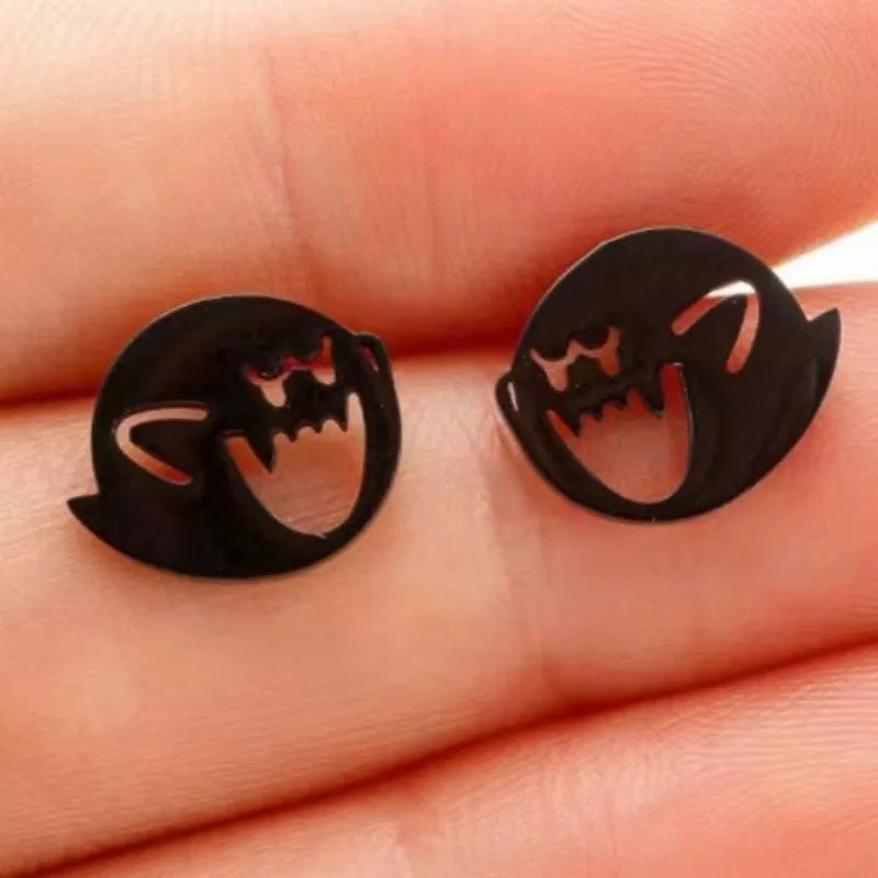 2pcs Stainless Steel Cute Cartoon Stud Earrings for Women - Silver, Black, Gold Minimalist Piercing Jewelry Gift