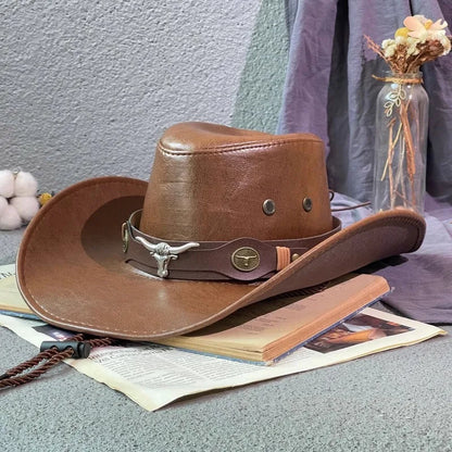 Faux Leather Western Cowboy Hat – Vintage Panama Cowgirl & Gentleman Hat for Women & Men