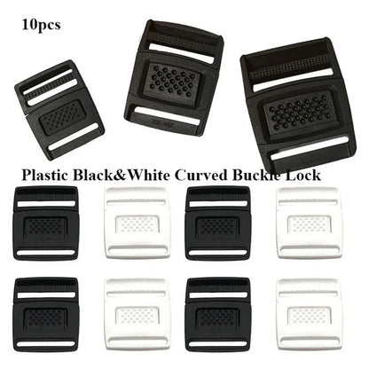 10pcs Curved Plastic Buckle Locks – Black & White Travel Bag Fasteners for Paracord Bracelets & Outdoor Gear Accessories