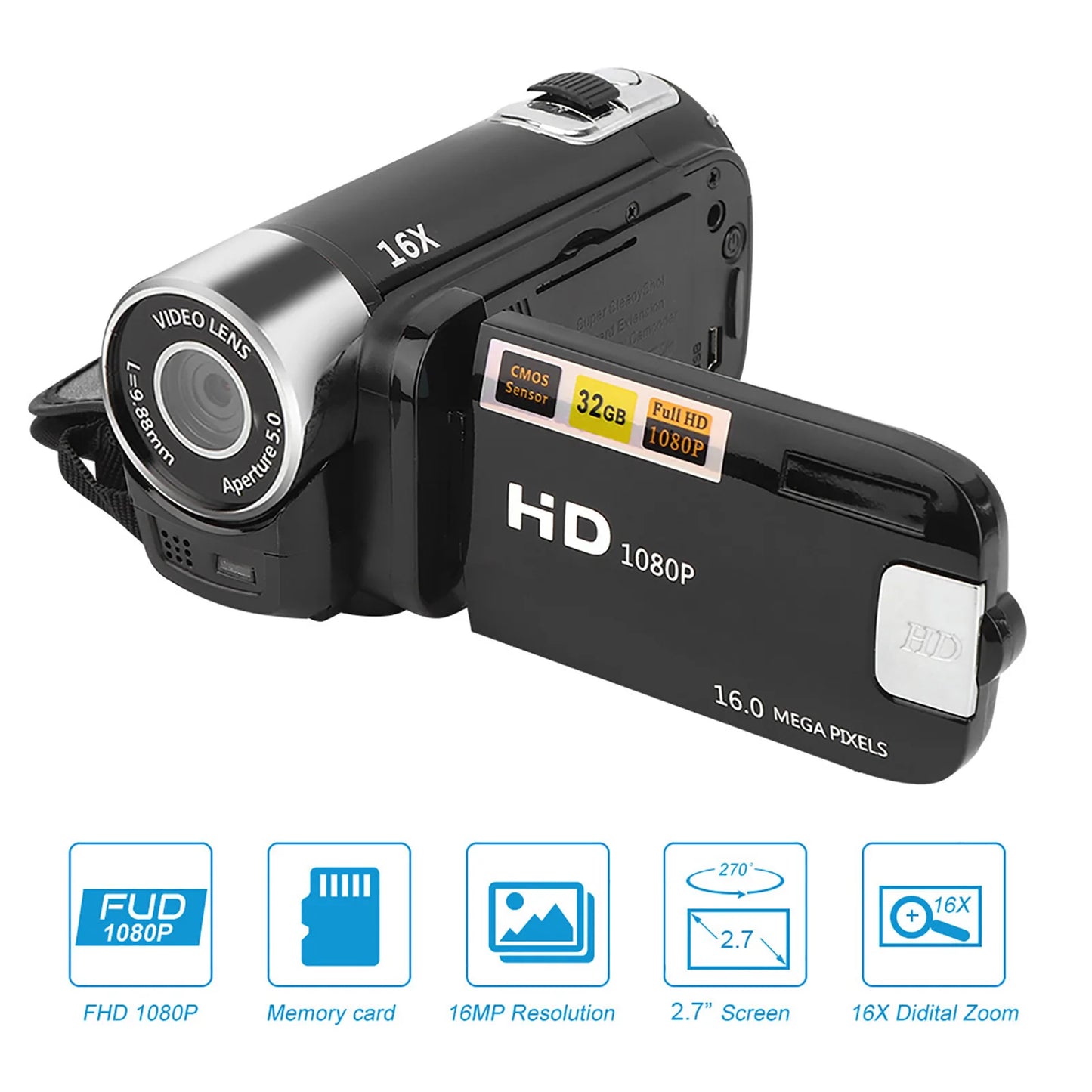 DH-90 16X Digital Zoom Camcorder – 2.7" Color Display, HD Image & Video Shooting, 110-240V