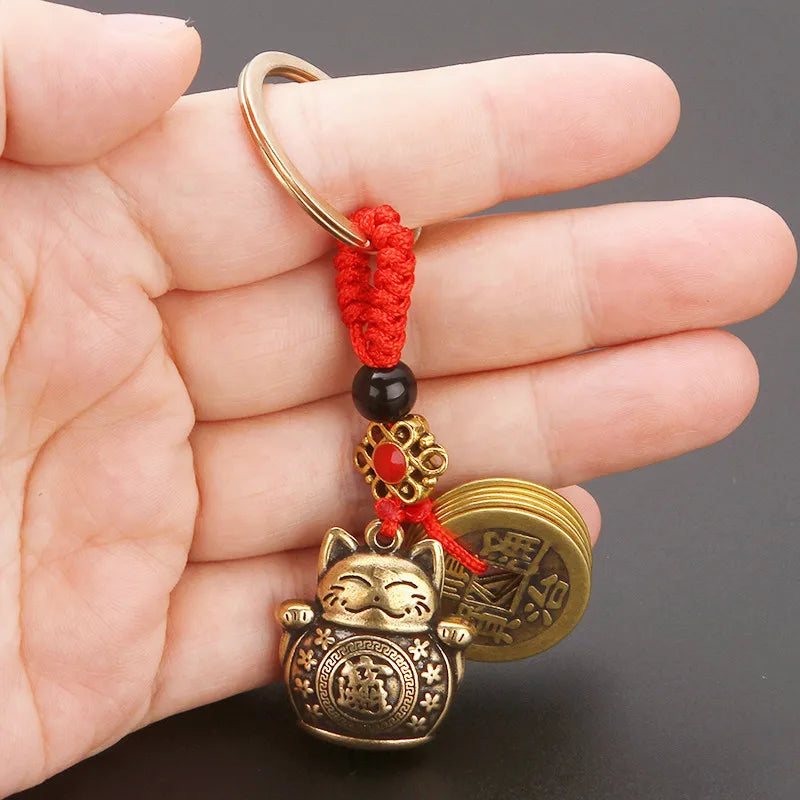 Vintage Lucky Cat Keychain - Handmade Feng Shui Five Emperors Coins Car Key Ring