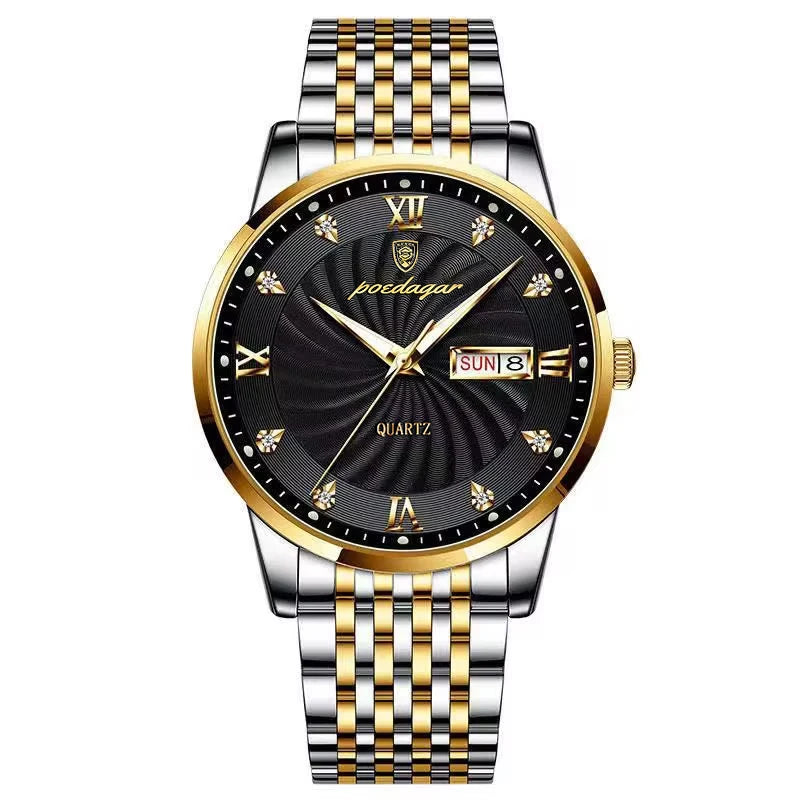 POEDAGAR Luxury Men's Watch — Waterproof Luminous Quartz Wristwatch with Date & Week, Stainless Steel Sports Fashion