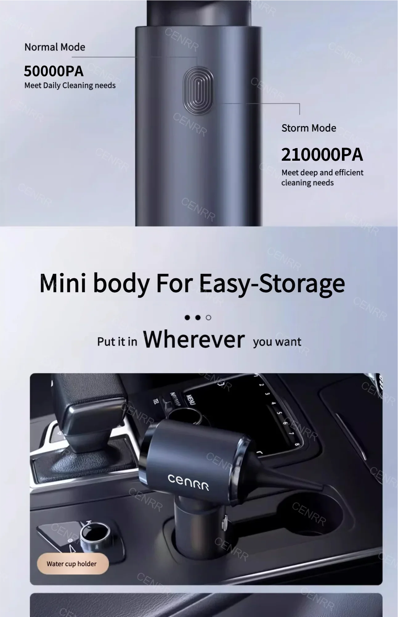 CENRR 210000PA Mini Wireless Car Vacuum Cleaner – Powerful Handheld Portable Cleaning Machine