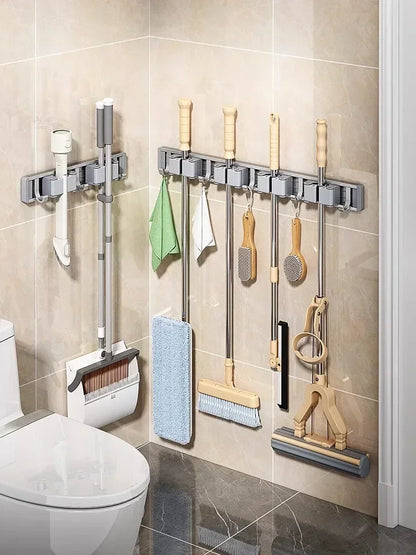 Wall-Mounted Mop & Broom Organizer — Strong Mop Holder Rack with 5 Hooks for Hanging Brooms and Cleaning Tools