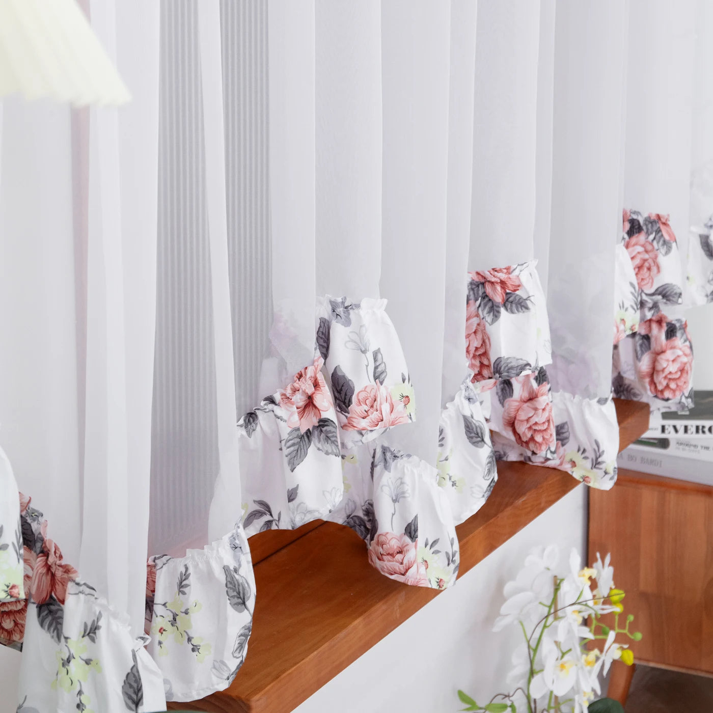 Rural Floral Lace Curtain Panel - Flower Trim Rod Pocket Window Decor for Living Room Bedroom Kitchen