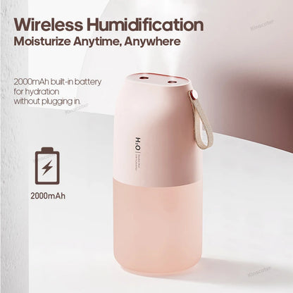KINSCOTER Portable Double Mist Air Humidifier – 300ml Cold Mist Diffuser, 2000mAh Car Air Purifier & USB Mini Air Freshener