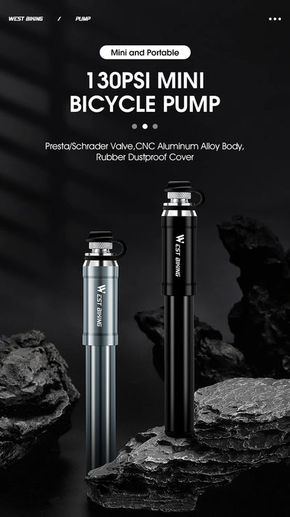 WEST BIKING 130PSI Mini Bike Pump – Portable Aluminum Alloy Hand Air Pump for MTB & Road Cycling, Drop-Proof & Ultralight