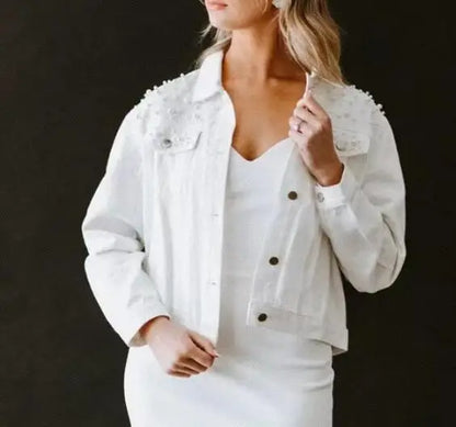 2024 Women's Short Denim Jacket – Beaded Pearl Design, Loose Fit for Spring & Autumn, New Denim Jacket