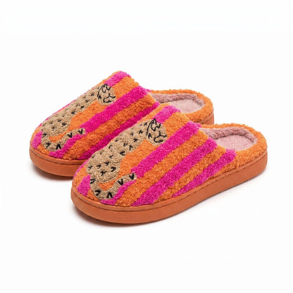 Color Block Leopard Plush Slippers - Warm Non-Slip Indoor Winter Shoes for Women & Holiday Gifts
