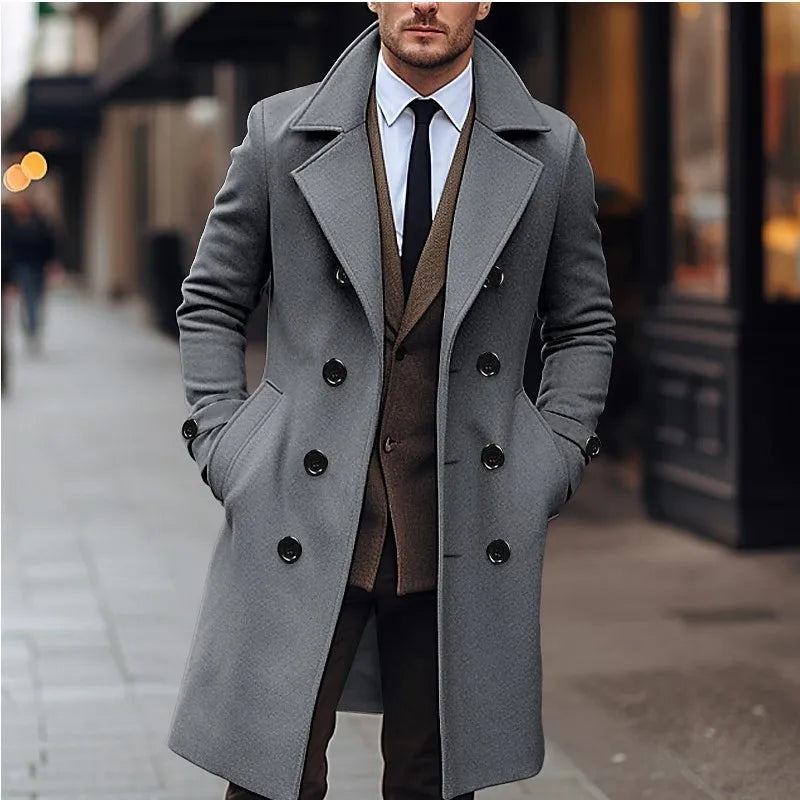 Men's Wool Blend Trench Coat - Double-Breasted Business Casual Winter Overcoat