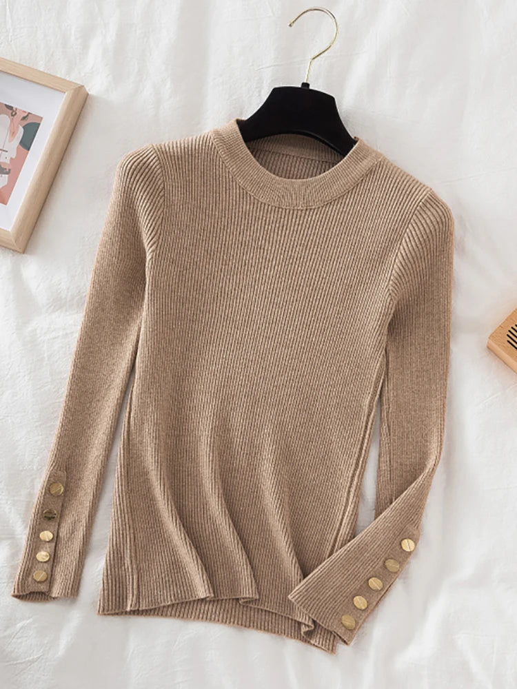 2024 Women's Thick Knit Sweater - Casual Autumn/Winter Pullovers in Khaki with Button Detail, O-Neck Chic Slim Fit Jumper Top
