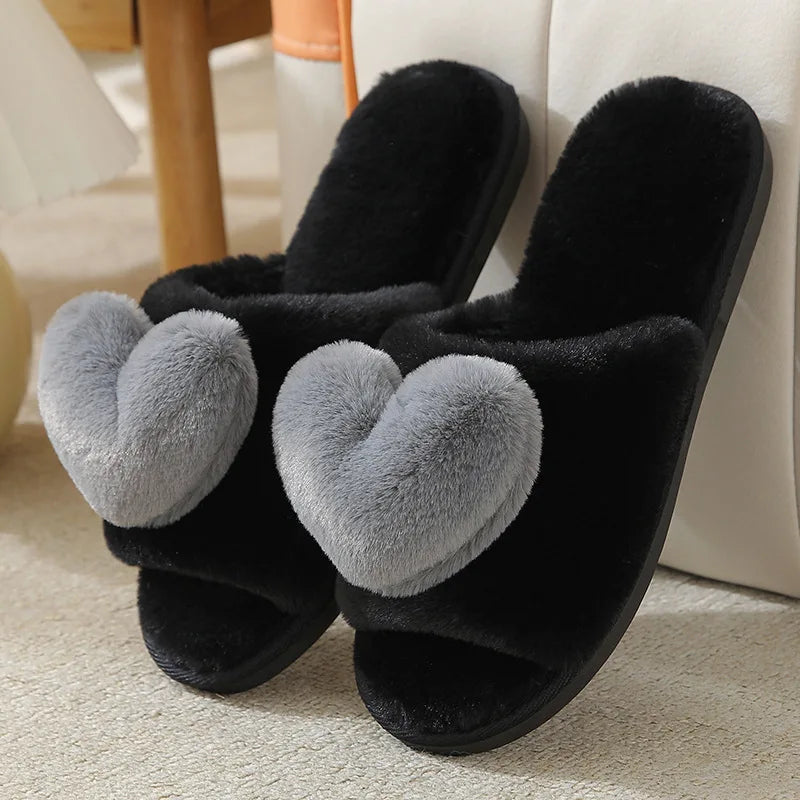 Women’s Indoor Home Slippers – Warm, Non-Slip Plush Bedroom Shoes with Cute Heart Pattern for Autumn & Winter