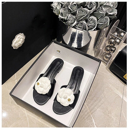 Luxury Women’s Flower Slippers — Camellia Open-Toe Slides for Home & Outdoor, Ladies Flip Flop Sandals