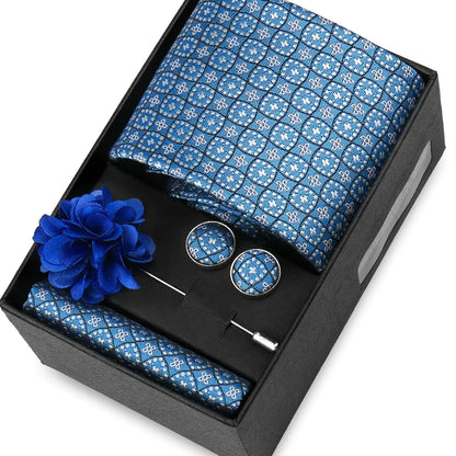 Elegant Men’s Necktie Gift Set - Fashion Tie with Handkerchief, Cufflinks & Brooch Pin Accessories for Business & Wedding