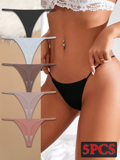 5PCS Seamless Ice Silk Thongs for Women – Low Waist Sexy Bikini T-Back, Solid Color Traceless G-String Panties, XS-XL