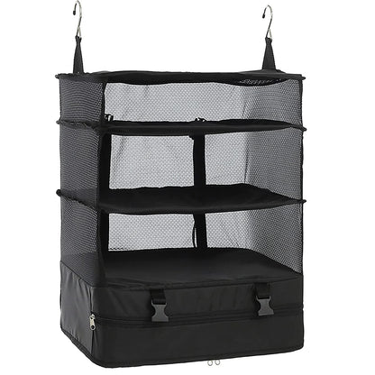 Portable Travel Luggage Organizer – 3-Shelf Collapsible Hanging Closet & Packing Cube Storage Bag