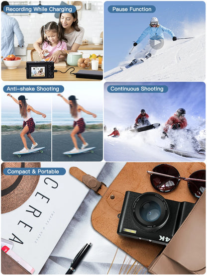 4K Digital Camera – 48MP Compact Vlogging Camera with 180° Flip Screen, Autofocus & Anti-Shake