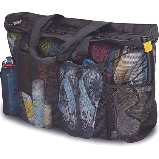 Extra Large Mesh Beach Bag - Breathable Tote with Zipper & Side Pockets, Portable Large Capacity Organizer Bag