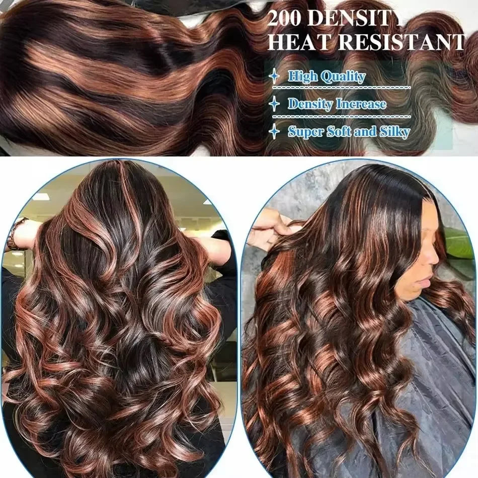 Ombre Highlight Body Wave Wig – 13x4 Lace Front, 1B/30 Black Brown HD Brazilian Human Hair Wig for Women