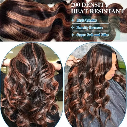 Ombre Highlight Body Wave Wig – 13x4 Lace Front, 1B/30 Black Brown HD Brazilian Human Hair Wig for Women
