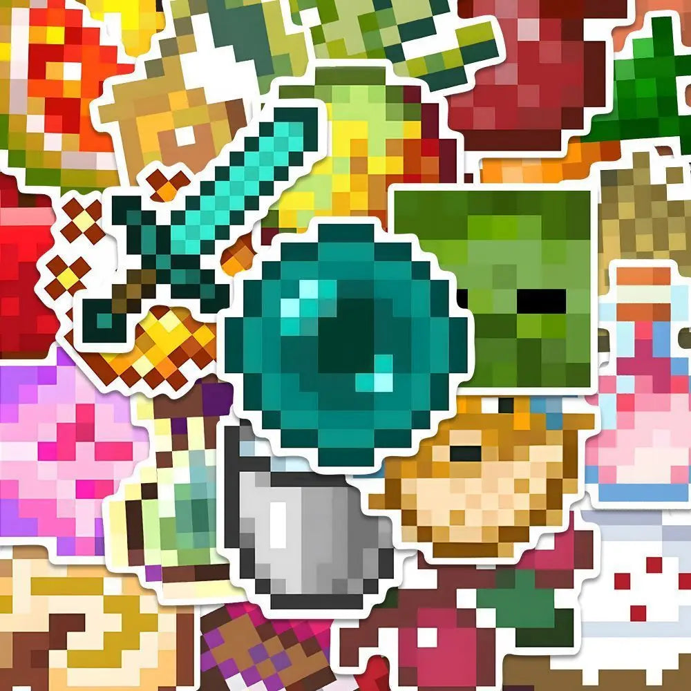 Pixel Game Cartoon Stickers – 50-Piece Waterproof DIY Decal Set for Phones, Laptops, Luggage & Skateboards