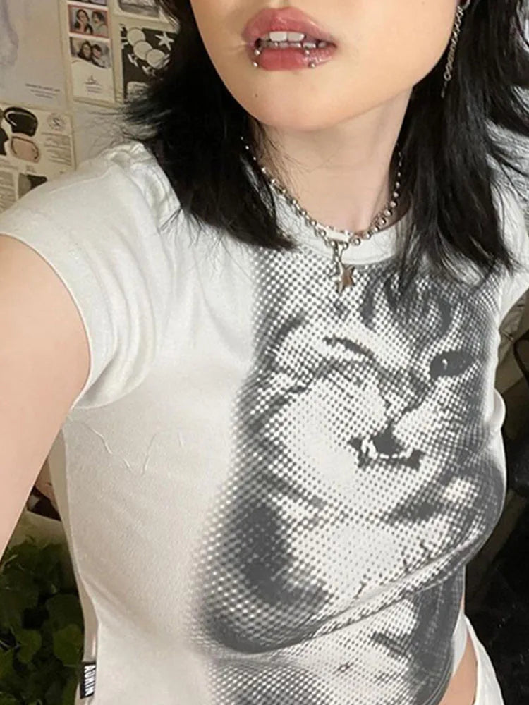 Harajuku Animal Print Crop Top - Women’s Y2K Vintage White Short Sleeve Slim Fit Casual T-Shirt