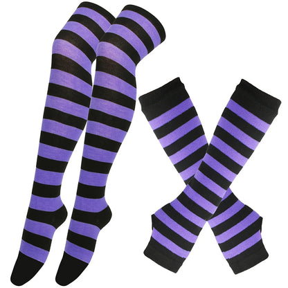 Women’s Over-Knee Long Stripe Socks & Arm Sleeve Gloves – Cute Plus Size Thigh High Cotton Socks