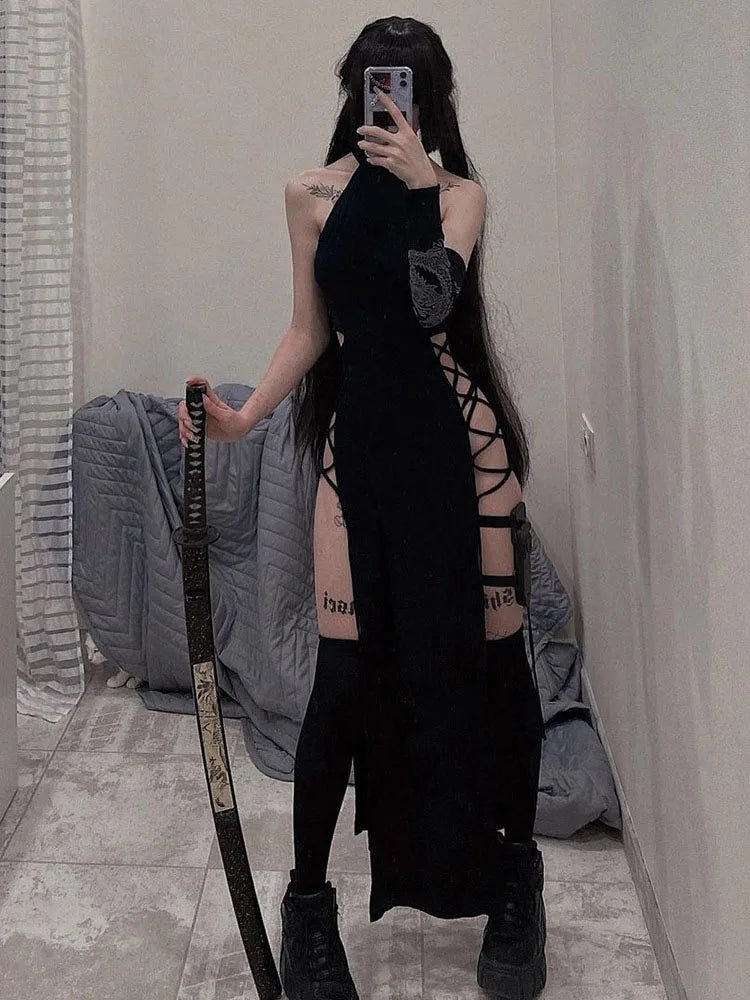 Gothic Dark Cosplay Dress – High Split Y2K Bandage Halter Slim Midi Black Grunge Partywear