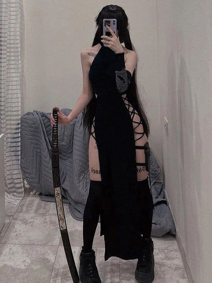 Gothic Dark Cosplay Dress – High Split Y2K Bandage Halter Slim Midi Black Grunge Partywear