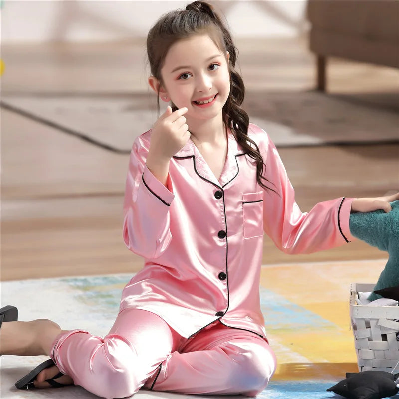Kids’ Satin Silk Pajama Set – Long Sleeve Silky Loungewear for Boys & Girls, Teen PJs for Ages 2-14
