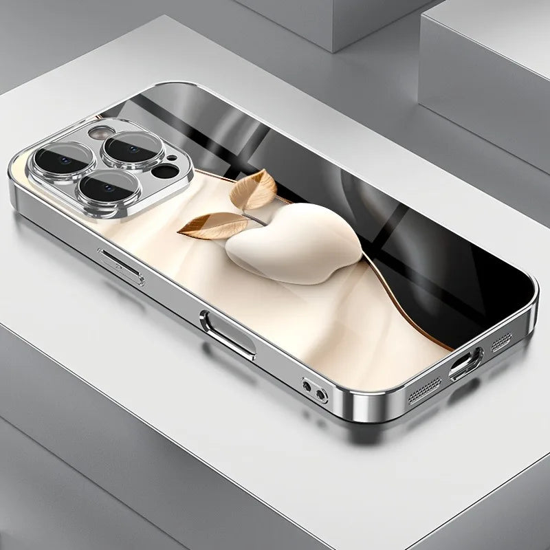 Apple Pattern Tempered Glass Phone Case - Electroplated Metal Style Cover for iPhone 12-18 Pro Max, Plus & 17 Air