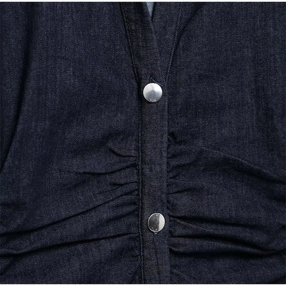 Elegant Pleated Denim Dress for Women – 2025 Chic Slim Fit Lapel Vestido with Short Sleeves & Single-Breasted Design