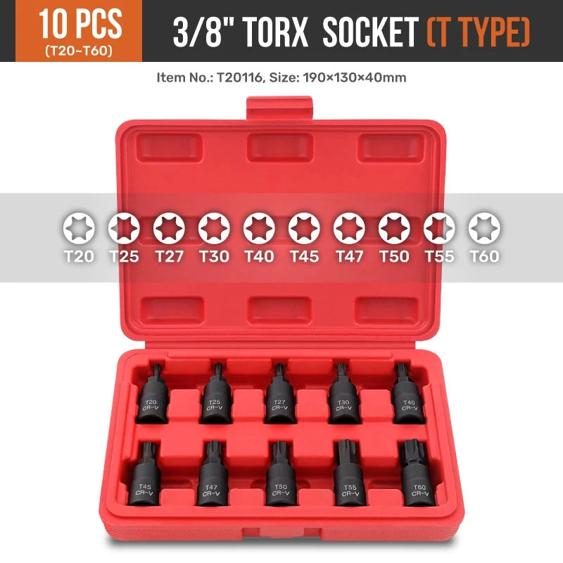 Hi-Spec 10PC 3/8-Inch Drive Socket Set - Torx, Hex & Spline Auto Repair Tool Kit with Red Case