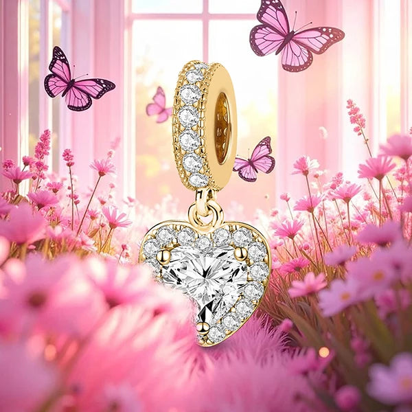 925 Sterling Silver Pink Heart Charm - Zircon Love Pendant Bead for DIY Bracelets, Bangles & Women’s Jewelry