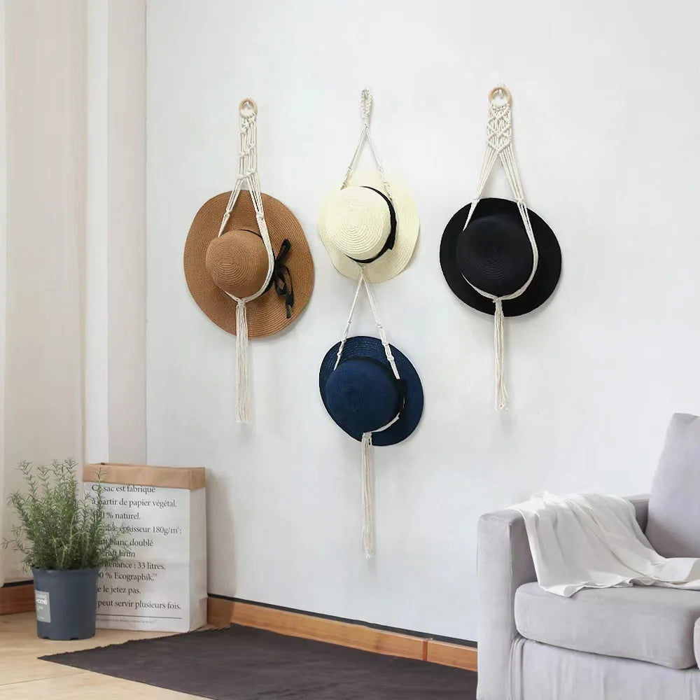 Nordic Boho Cotton Hanging Organizer: Hat & Scarf Storage with Macrame Tapestry Touch