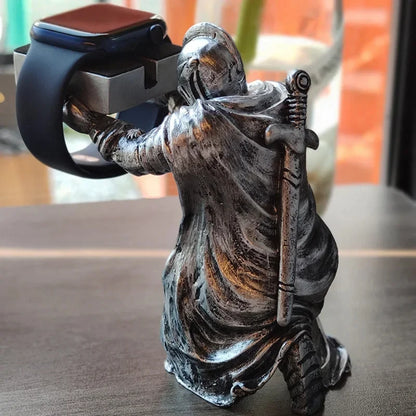 Apple Watch Charging Dock Stand – Cartoon Desktop Smartwatch Holder with Black Warrior Figurine Support