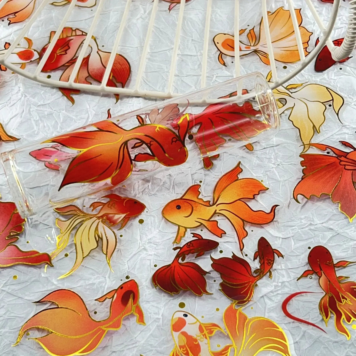 50/100PCS Gold Foil Koi Fish Stickers - Clear Waterproof Cartoon Decals for Phones, Laptops, Helmets & More